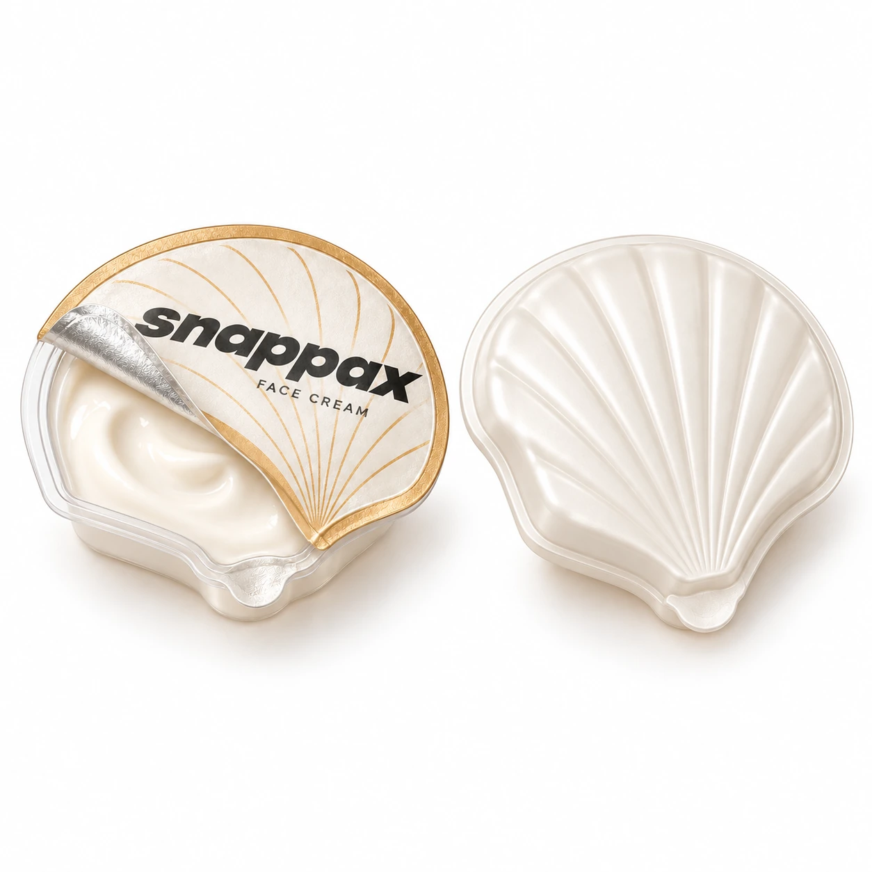 Open front and moulded underside of an opaque pearl-white shell-shaped Snappax face-cream cup