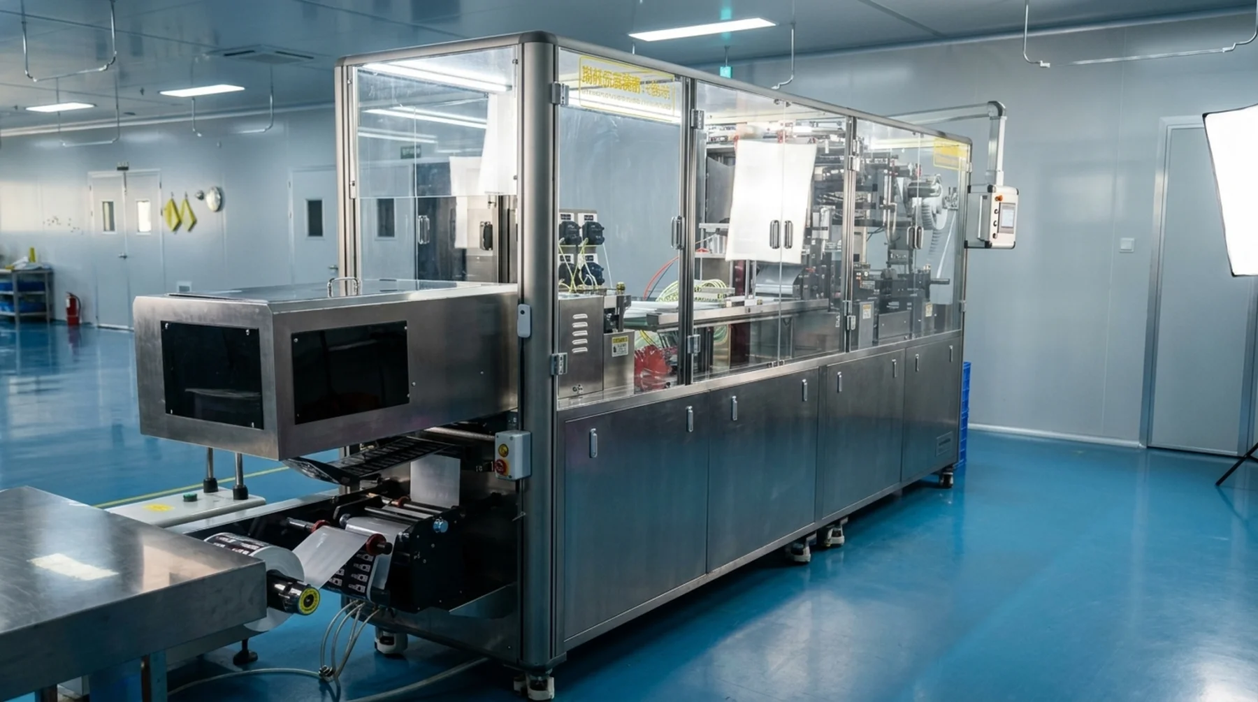 Packaging line with a metal enclosure and transparent protective panels in a production area