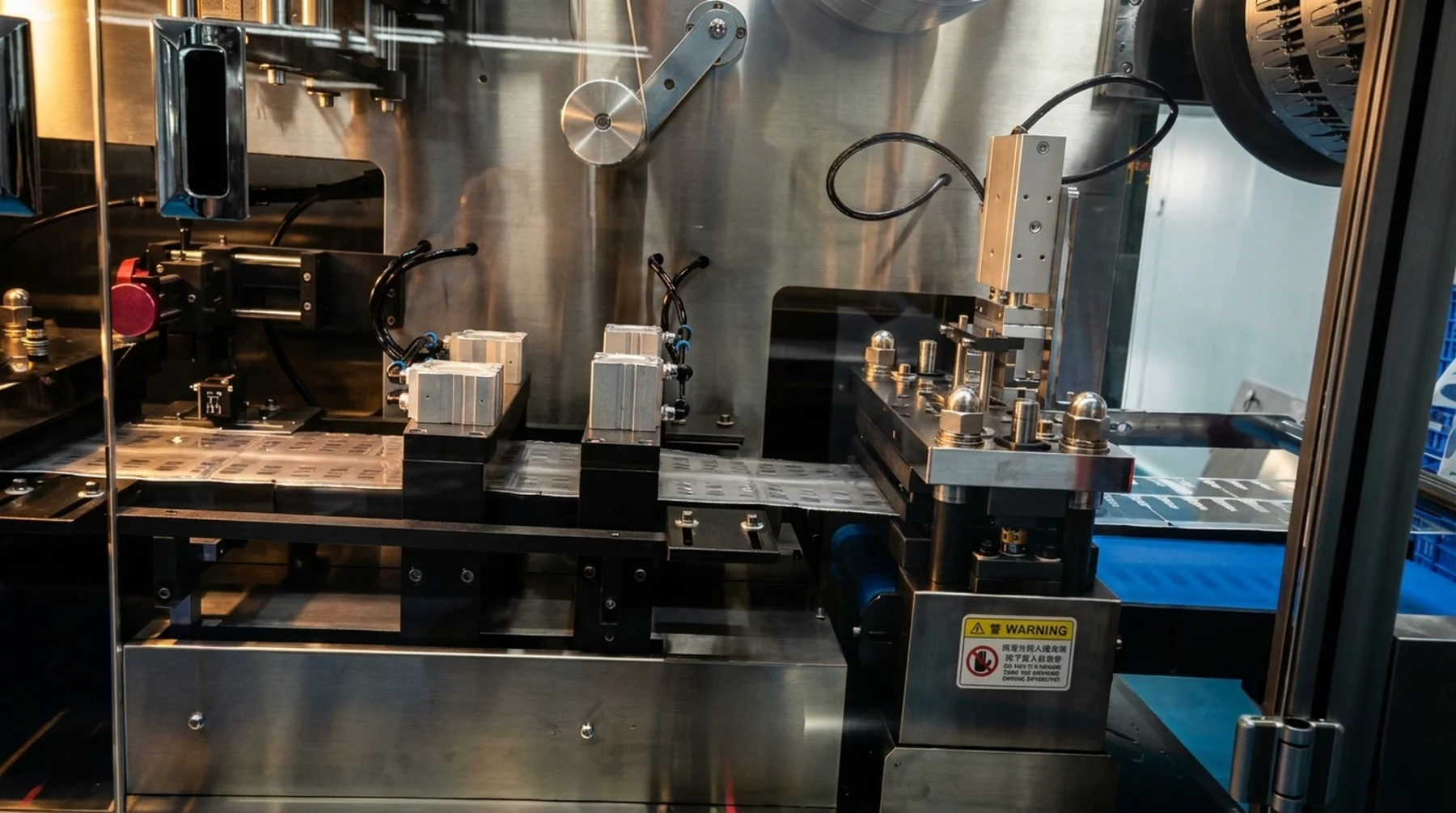 Packaging web with printed lidding film passing through the line mechanisms